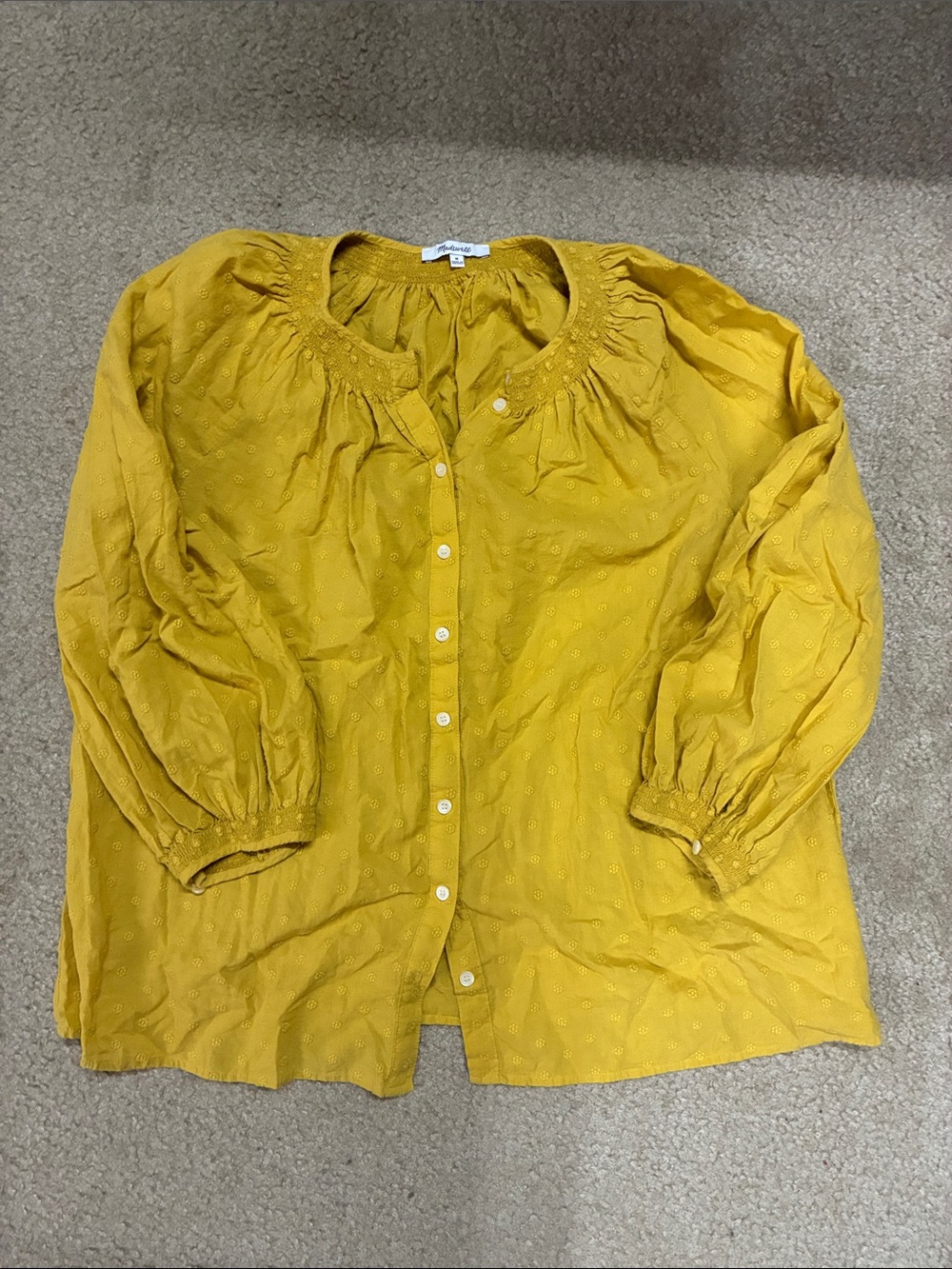 Madewell Floral Embroidered Smocked Neck Raglan Top, M, Ornate Gold, Fall
